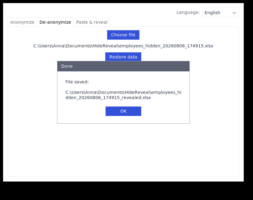 Confirmation dialog showing the restored file was saved
