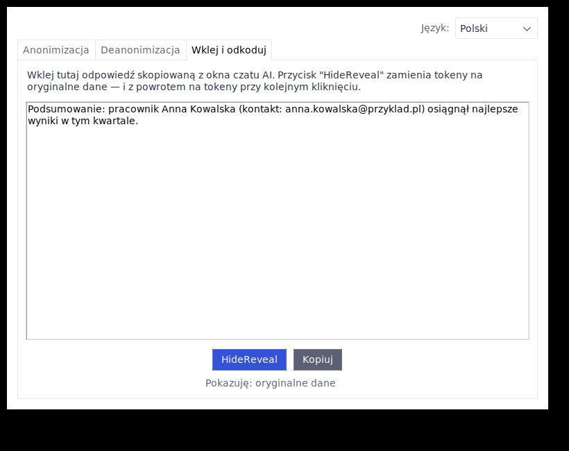 Ten sam tekst po kliknięciu HideReveal, z przywróconymi oryginalnymi danymi
